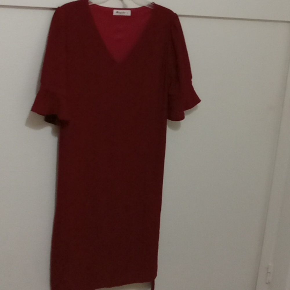 V-Neck Red Sheath Midi Dress with Flutter Sleeves
